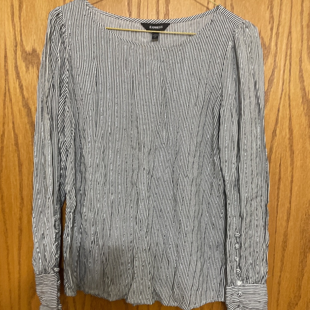 White, metallic, blue stripped blouse